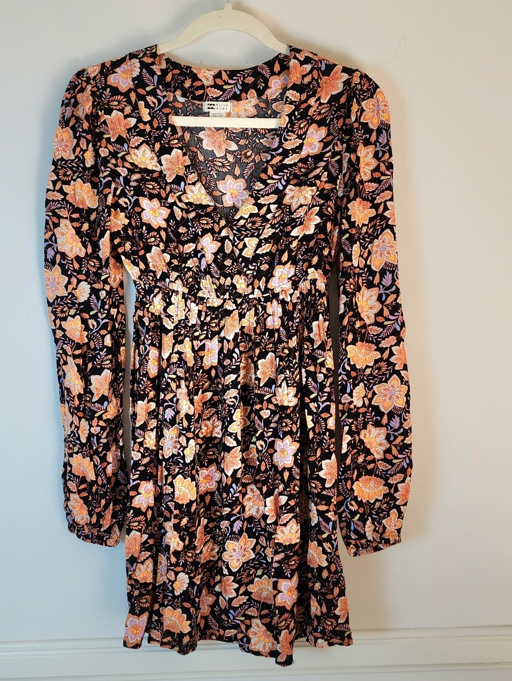 Billabong Floral V-Neck Long Sleeve Mini Dress in Black and Peach